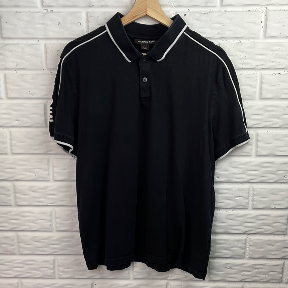 MICHAEL KORS POLO BOYS LARGE BLACK WITH WHITE TRIM GRAPHIC LOGO ON SHOULDERS